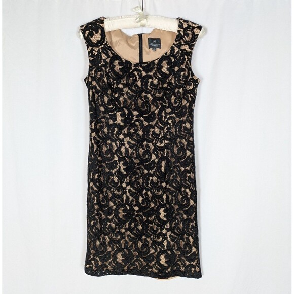 Adrianna Papell Dress 6P Women's Black Embroidered Lace Overlay Sheath Date Chic - Picture 2 of 11